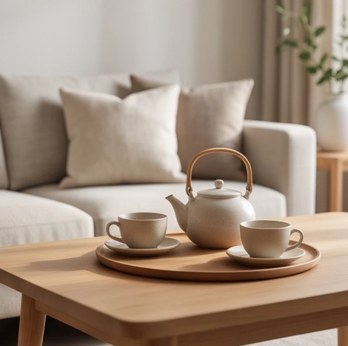 Bàn trà đôi ấm cúng trong phòng khách yên bình tượng trưng cho sự bao dung và thấu hiểu giữa hai vợ chồng