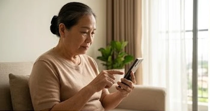 Gia chủ cao tuổi cẩn trọng kiểm tra thông tin giao dịch trên màn hình điện thoại để tránh thất thoát tài sản