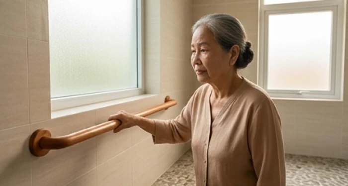 Người phụ nữ 66 tuổi bước đi cẩn thận với tay vịn phòng tắm để bảo vệ xương khớp gối