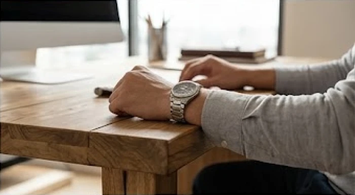 Đeo đồng hồ kim loại bạc trên cổ tay trong trang phục công sở kết hợp áo sơ mi trắng