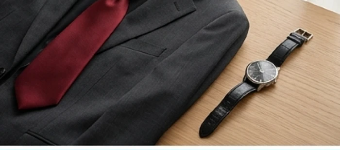 Bộ vest nam lịch lãm phối cà vạt màu đỏ đậm cùng đồng hồ dây da màu đen sang trọng