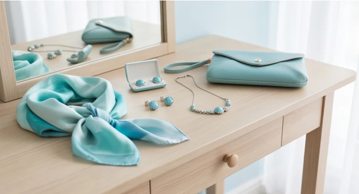 Bộ phụ kiện thời trang phái đẹp mang tông màu xanh ngọc nhạt thanh tao và tinh tế đặt trên bàn trang điểm