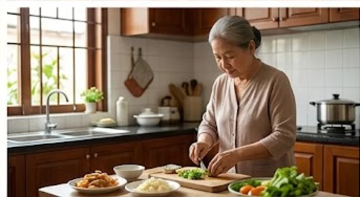 Người mẹ già cẩn thận chuẩn bị bữa cơm gia đình trong gian bếp nhỏ thể hiện tình yêu thương thầm lặng