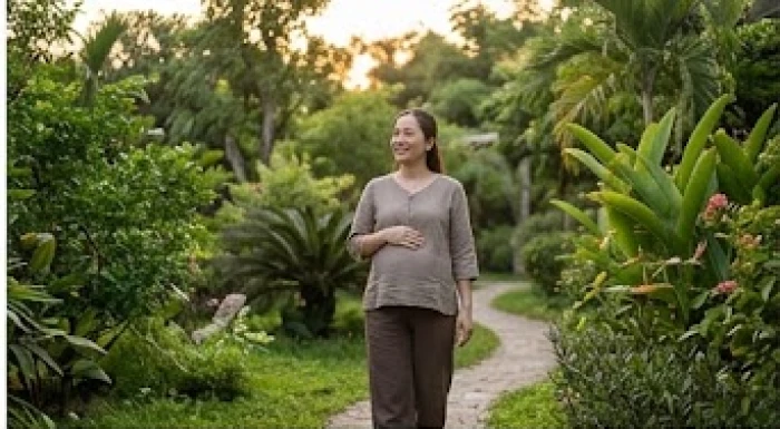 Phụ nữ mang thai đang đi dạo nhẹ nhàng trong khu vườn xanh mát giúp thư giãn tâm trí phòng hạn Thiên Tinh