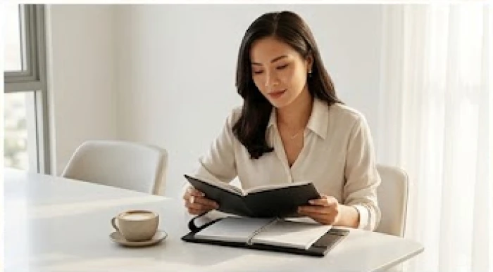 Người phụ nữ thanh lịch đang xem xét tài liệu tài chính tại bàn ăn trong không gian nhà bếp ngập nắng