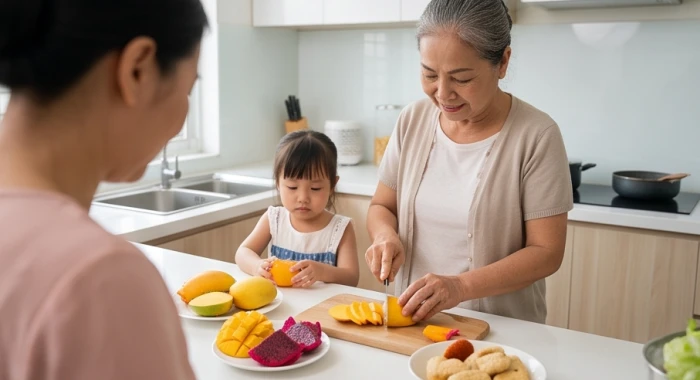 Người bà tuổi Nhâm Thìn 1952 đang chu đáo chuẩn bị bữa ăn và chăm sóc kỹ lưỡng cho cháu nhỏ trong gian bếp gia đình