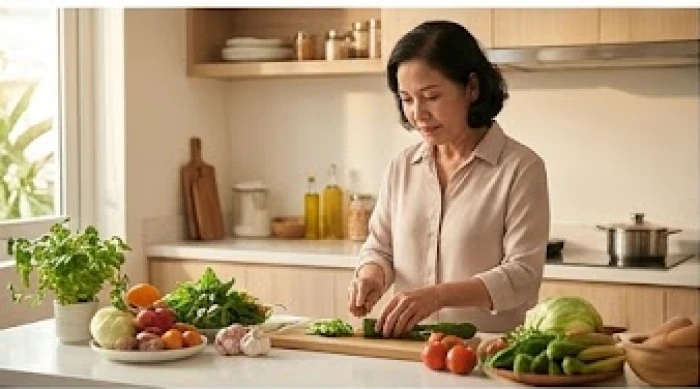 Người phụ nữ tháo vát đang tỉ mỉ sắp xếp và dọn dẹp không gian nhà bếp để duy trì sự ngăn nắp