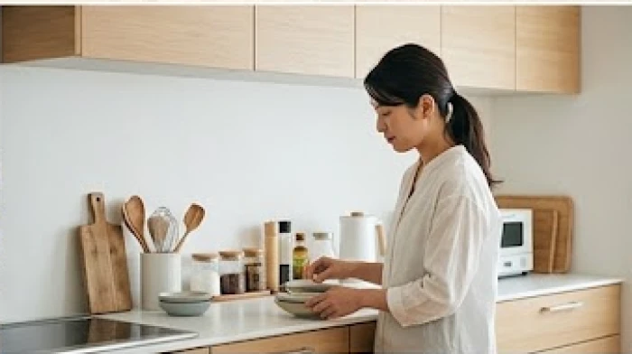 Người phụ nữ cẩn thận sắp xếp các đồ dùng sinh hoạt gia đình trong một căn bếp gọn gàng