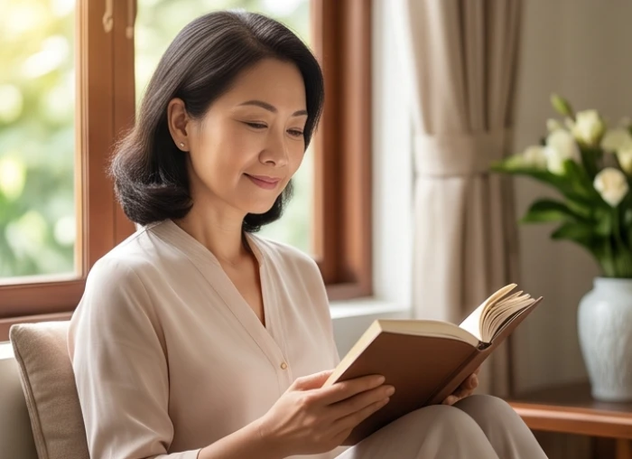 Người phụ nữ trung niên đang thảnh thơi đọc sách bên cửa sổ ngập tràn ánh nắng buổi sáng