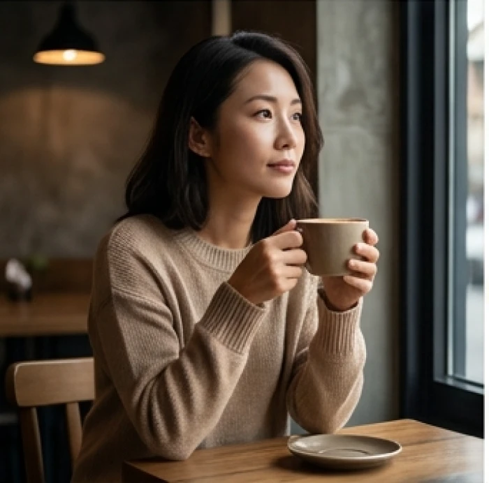 Người phụ nữ trưởng thành thưởng thức cà phê và suy ngẫm trong quán nhỏ yên tĩnh