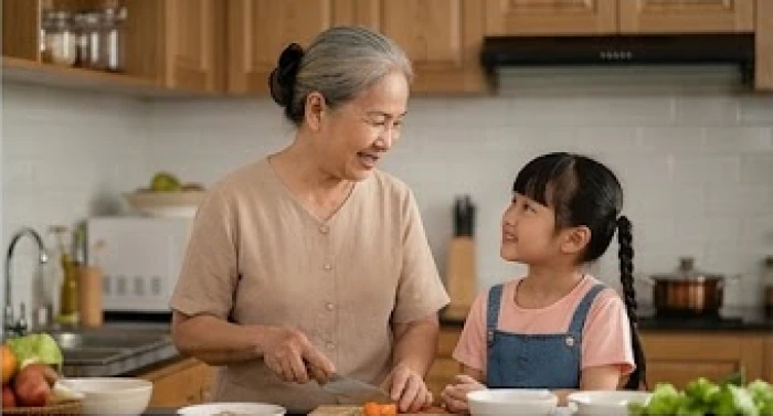 Người mẹ lớn tuổi ân cần trò chuyện và hướng dẫn cháu gái nhỏ nấu ăn trong không gian bếp ấm cúng