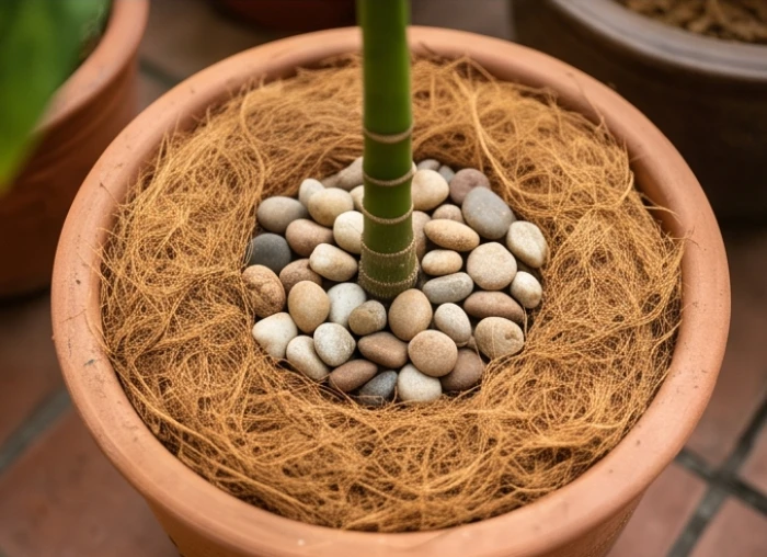 Lớp xơ dừa và sỏi nhẹ phủ đều trên bề mặt đất trong chậu gạch nung giúp chống nóng cho rễ cây