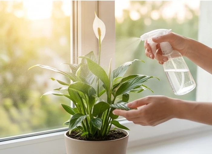 Người chăm cây đang dùng bình xịt phun sương tưới ẩm cho chậu lan ý đặt cạnh cửa sổ đón ánh nắng sáng dịu nhẹ