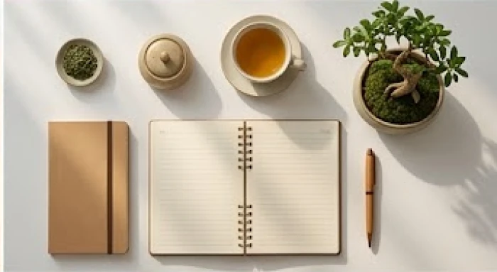 Bốn góc không gian làm việc sắp xếp gọn gàng với sổ sách, tách trà và chậu cây xanh tượng trưng cho sự cân bằng