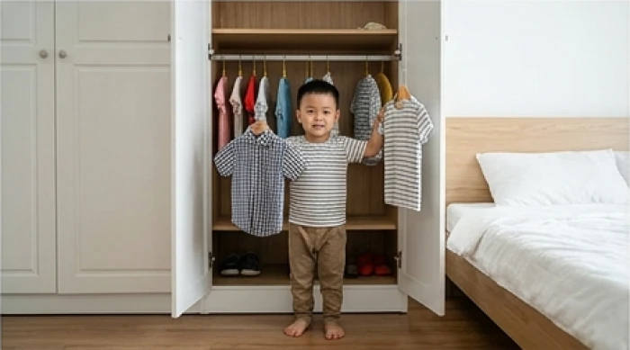 Em bé tuổi Nhâm Dần tự hào đứng chọn quần áo đi học vào buổi sáng bên tủ đồ trong phòng ngủ