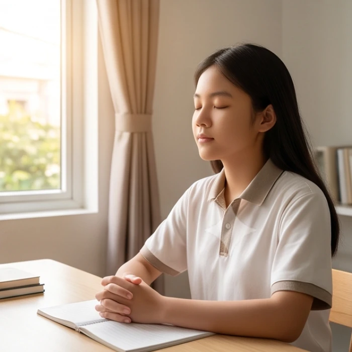 Học sinh Kỷ Sửu thực hành hít thở sâu tại bàn học để giữ bình tĩnh trong giai đoạn nước rút trước kỳ thi