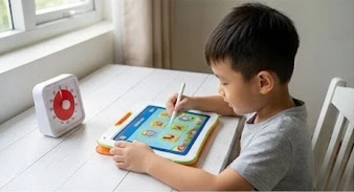 Bé trai tuổi Giáp Ngọ 2014 duy trì sự tập trung khi học bài nhờ phương pháp phân bổ thời gian hợp lý