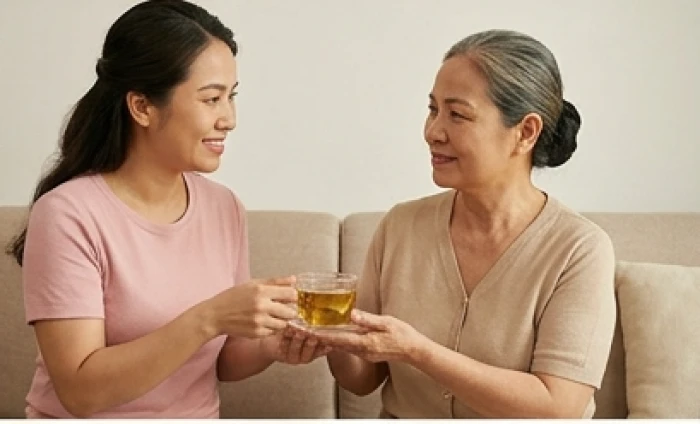 Con gái rót trà thơm và trò chuyện ân cần với mẹ già sinh năm 1951 để tạo bầu không khí gia đình thấu hiểu
