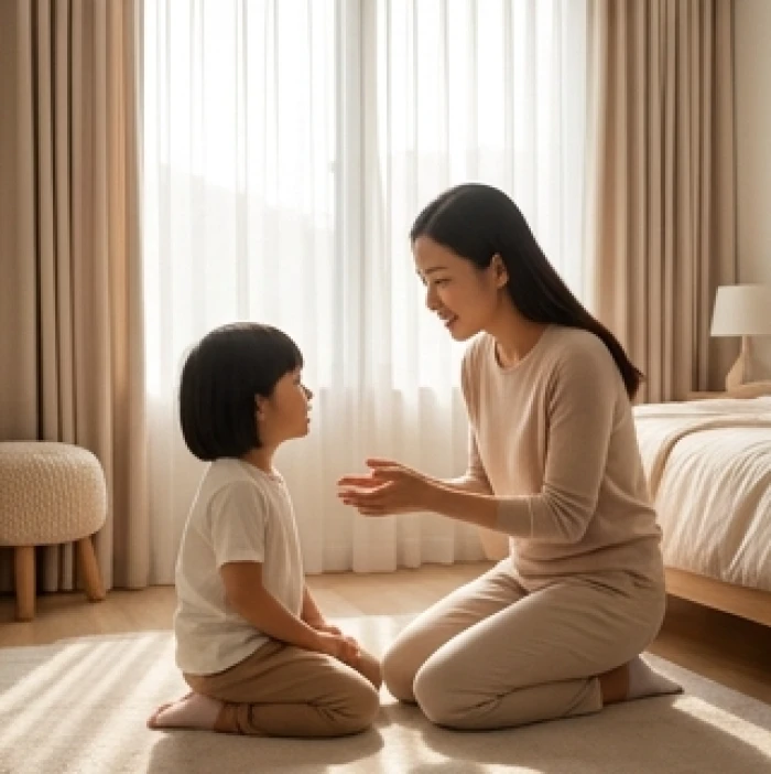 Người mẹ ngồi ngang tầm mắt nhẹ nhàng trò chuyện và giải thích cho con tuổi canh tý trong phòng ngủ