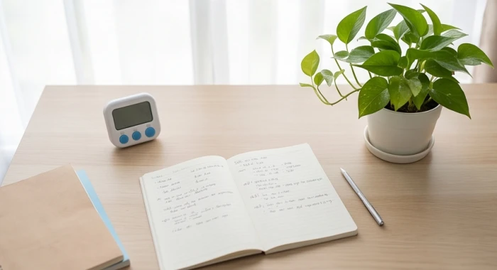 Học sinh bên bàn học cùng đồng hồ báo thức canh giờ áp dụng phương pháp Pomodoro