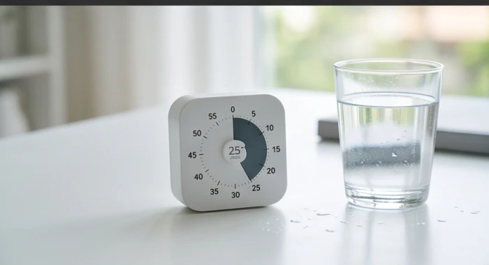 Đồng hồ hẹn giờ pomodoro trên bàn học cùng ly nước mát giúp tuổi mậu tý 2008 điều hòa nhịp độ và hạ nhiệt