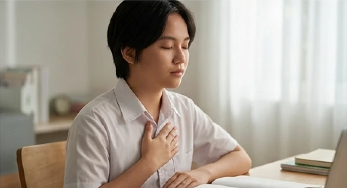 Học sinh nhắm mắt và đặt tay lên ngực thực hiện phương pháp thở điều hòa nhịp tim