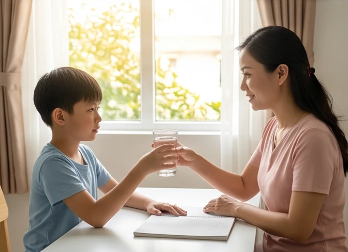 Mẹ cho con tuổi bính thân 2016 uống một ly nước mát ngoài ban công để hạ nhiệt cơn tức giận khi làm toán khó