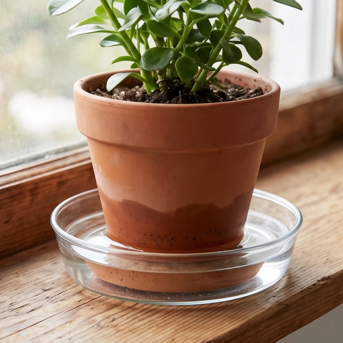 Phần đáy của chậu cây đất nung đang được ngâm trực tiếp vào một khay chứa nước sạch