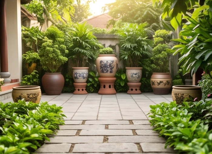 Các chậu cây phong thủy được định hướng và sắp xếp chuẩn xác hai bên cổng theo phương vị Bát Trạch
