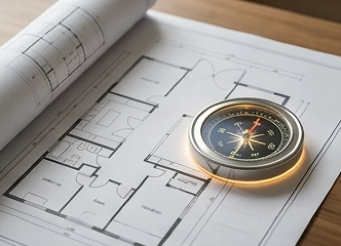 Bản vẽ mặt bằng nhà được căn chỉnh la bàn xác định rõ hai hướng Đông và Tây đối diện nhau
