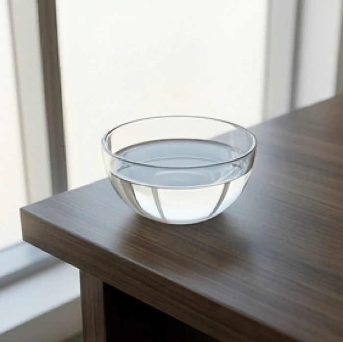 Bát nước thủy tinh tĩnh lặng đặt tại góc chính Bắc mặt bàn làm việc kích hoạt Thần Tài
