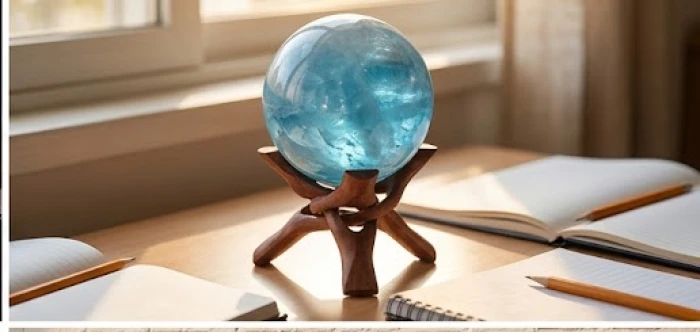 Quả cầu đá Aquamarine màu xanh lam đặt trên đế gỗ cạnh chồng sách trên bàn học