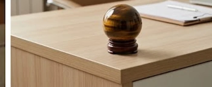 Quả cầu phong thủy bằng đá mắt hổ màu nâu vàng được đặt trang trọng trên góc bàn làm việc