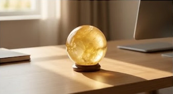 Quả cầu đá thạch anh tự nhiên màu vàng óng ả được đặt trang trọng trên bàn làm việc