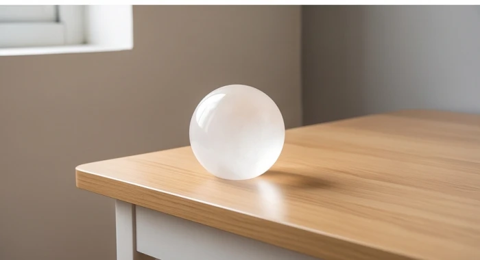 Quả cầu đá phong thủy Topaz trắng được mài nhẵn đặt an toàn ở góc trái bàn học nhằm tăng khả năng tập trung