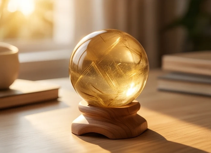 Quả cầu đá thạch anh tóc vàng rực rỡ đặt trang trọng trên bàn làm việc gỗ hỗ trợ chiêu tài và ổn định vượng khí