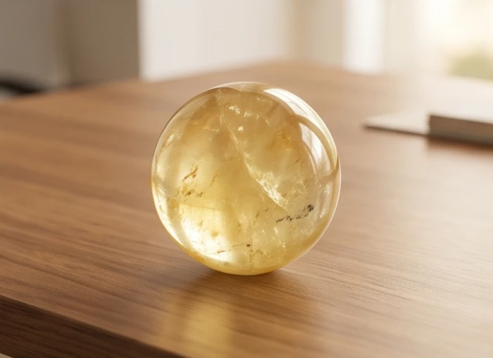 Quả cầu đá thạch anh vàng tự nhiên kích thước 8cm đặt gọn gàng trên bàn làm việc bằng gỗ sang trọng