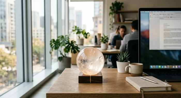 Quả cầu thạch anh tự nhiên đặt trên bàn làm việc hỗ trợ điều hòa từ trường và tăng cường sự tập trung