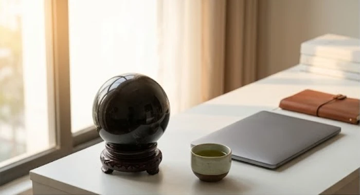 Quả cầu đá thạch anh đen sáng bóng đặt trang trọng bên trái góc bàn làm việc ngập tràn ánh sáng