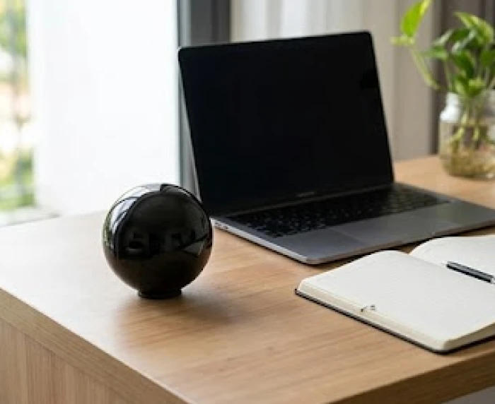 Quả cầu thạch anh đen đặt tại góc trái bàn làm việc gọn gàng giúp hóa giải hướng sát khí Họa Hại