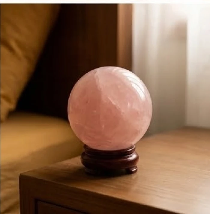 Quả cầu thạch anh tự nhiên màu hồng nhạt được đặt trang trọng trên một chiếc đôn gỗ nhỏ gọn bên cạnh giường ngủ