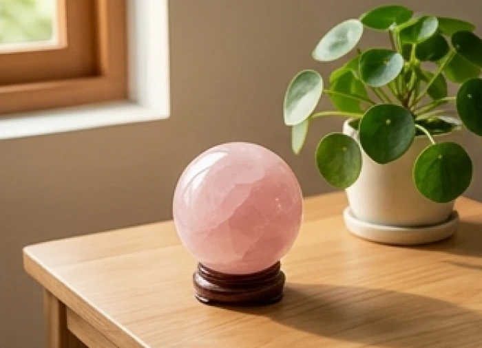 Quả cầu thạch anh hồng đặt trên bàn phòng khách cùng chậu cây xanh lá tròn ở góc Đông Nam giúp hòa giải xung đột