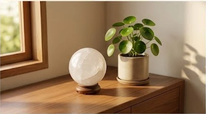 Quả cầu thạch anh trắng tự nhiên và chậu cây kim tiền đặt tại góc Tây Bắc phòng khách giúp điều hòa sinh khí