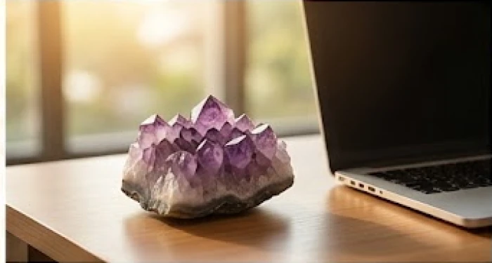 Khối đá thạch anh tím phong thủy đặt trên bàn làm việc hỗ trợ gia tăng sự tập trung và minh mẫn