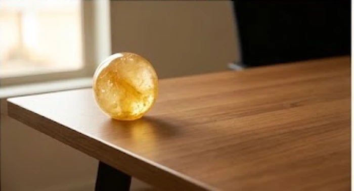 Quả cầu đá thạch anh vàng sáng rực đặt trên góc trái bàn làm việc gỗ hóa giải hướng xấu