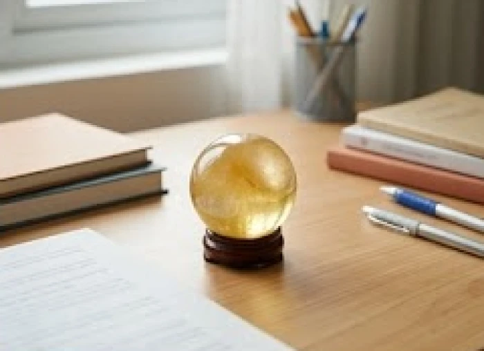Quả cầu đá thạch anh vàng đặt trên góc bàn học gỗ hỗ trợ tăng cường sự tập trung cho học sinh