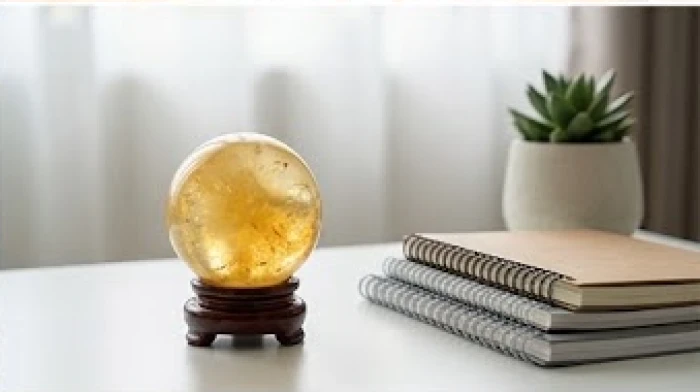 Quả cầu thạch anh vàng được đặt gọn gàng ở góc trái bàn học giúp hóa giải căng thẳng mệt mỏi