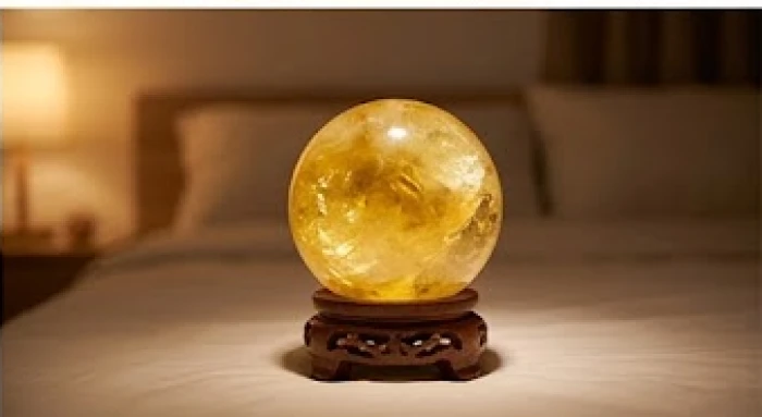 Quả cầu thạch anh vàng rực rỡ được đặt trang trọng trên chiếc đôn gỗ trong phòng ngủ