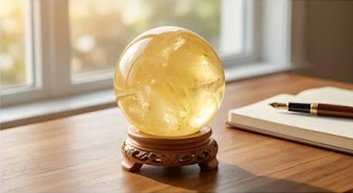 Quả cầu đá thạch anh vàng được đặt ngay ngắn trên góc bàn làm việc gỗ hỗ trợ nam mạng 1971