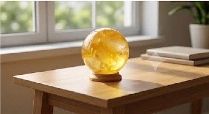 Vật phẩm quả cầu đá thạch anh vàng sáng bóng đặt ở góc trái bàn làm việc